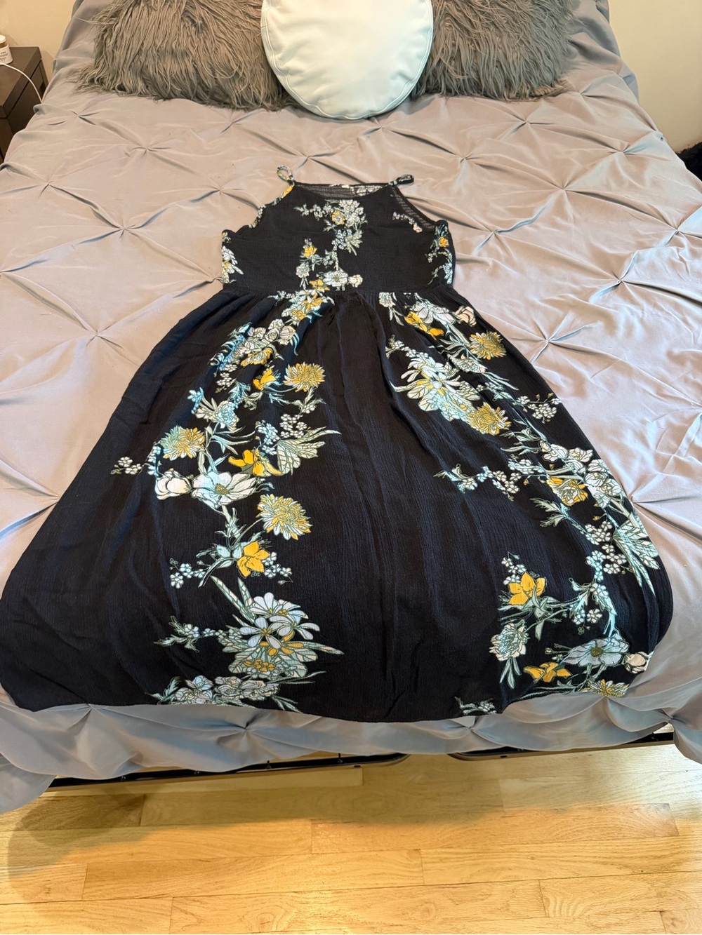 C&C California Charcoal Floral Dress with White & Pale Yellow Blooms